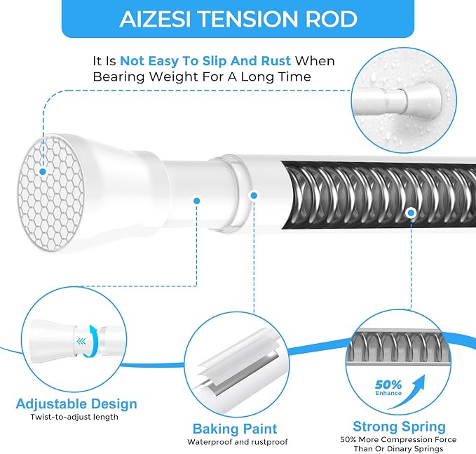 AIZESI 2PCS Small Tension Curtain Rod 16-26 Inch Adjustable White Curtain Rods No Drilling 7/8" Diameter Short Spring Loaded Curtain Rods for Window, Kitchen, Closet, Cupboard, Bookshelf