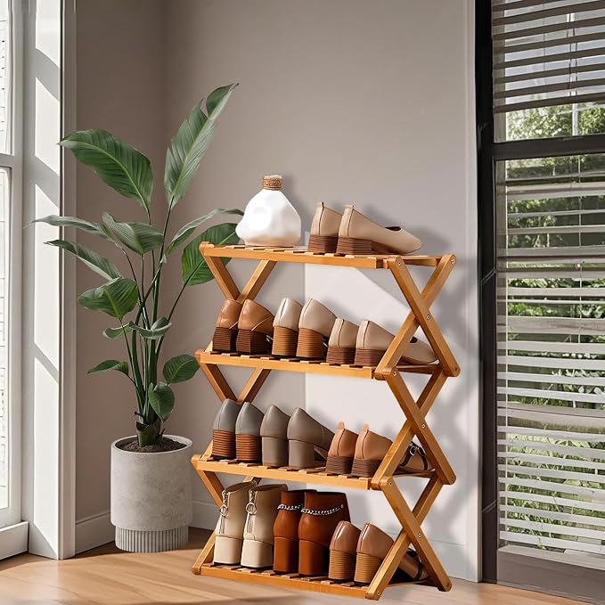 Jessie Bamboo Shoe Rack,Free Standing Shoe Rack for Closet,Portable Folding Shoe Storage Rack, Space Saving,Shoe Shelf for Bedroom Entryway Hallway Closet Living Room (Primary-3 Tier)