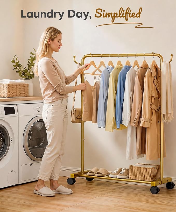Homde Rolling Clothes Rack with Hooks: Standing Garment Storage for Indoor - Hanging Rod for Bedroom Laundry Room - Coat Dress Organizer on Wheels with luggage shelf (Gold, 31.5")