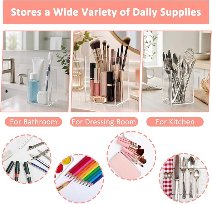 Mototo 6PCS Clear Acrylic Pen Holder Pencil Cup Office Desk Organizer Case | Toothbrush Utensil Holder Marker Makeup Brush Organizer Pencil Box Coffee Stirrers Storage Container for Classroom Counter