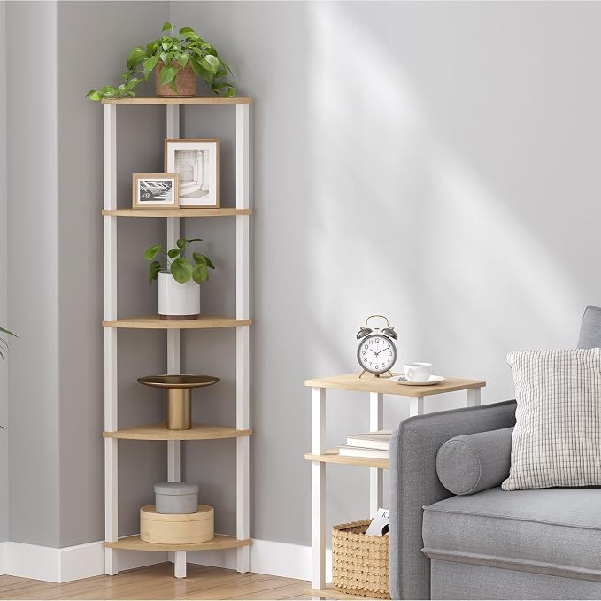 VIMBER Corner Shelf, 5-Tier Corner Bookshelf, Industrial Corner Ladder Shelf, Rustic Display Shelf for Living Room, Bedroom, Kitchen, Home Office, White and Nature Wood Color UJSJ001Q