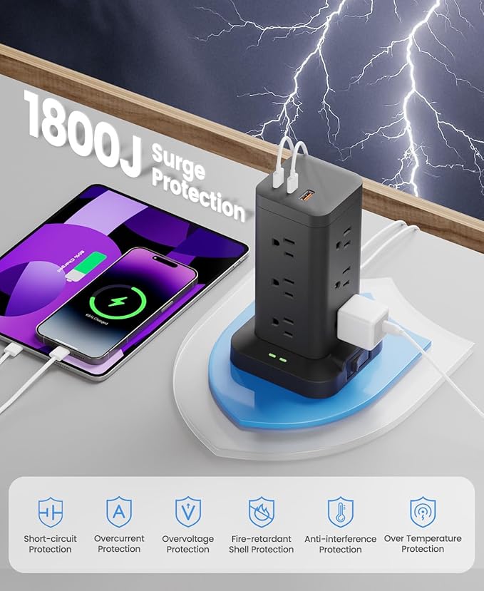 Power Strip Tower with Surge Protector 1800J, Fast Charging Tower PD20W USB-C Ports with 12 AC Outlets, Extension Cord for Home Office Dorm Room, 10ft, Black