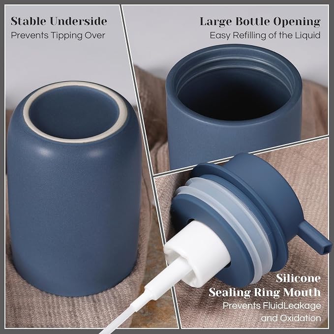 INGOFIN Ceramic Foaming Soap Dispenser Set, 2 Pack (12 oz) Bathroom Foam Hand Soap Dispenser with Pump, Hand and Dish Dispenser Set with 8 Pcs Clear Stickers,for Kitchen- Matte Blue