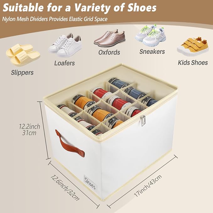 Patinao 2 Pack Shoe Storage Box Organizer for Closet - 24 Cell Space Saver Shoes Containers Bin with Clear Lids Stackable, Can Fit Ottoman, Foldable Shoe Rack Cabinet Cubby for Wardrobe