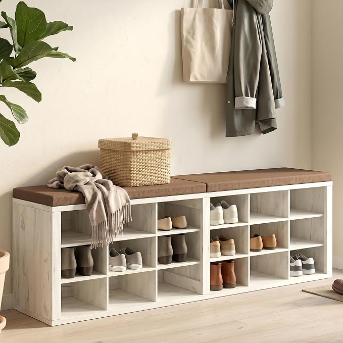 Shoe Rack Bench, Shoe Storage Bench with Cushion, Shoe Organizer 18 Cubbies for Entryway Hallway Bedroom Living Room, Holds Up to 400lbs