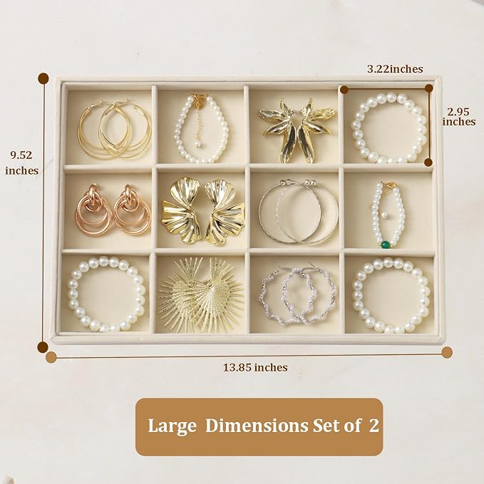 Large Stackable Jewelry Tray 4 Pack Velvet Jewelry Display Drawer Inserts Trays Organizer for Earring Bracelet Necklace Ring (Beige, 12 Grids)