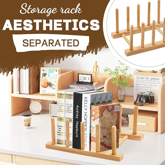 Bamboo Dish Drying Rack for Kitchen Counter, 4 Slots Plate Organizer Stand for Cups Cutting Board Pot Lid Books, Space Saving Bamboo Rack for Cabinet Display