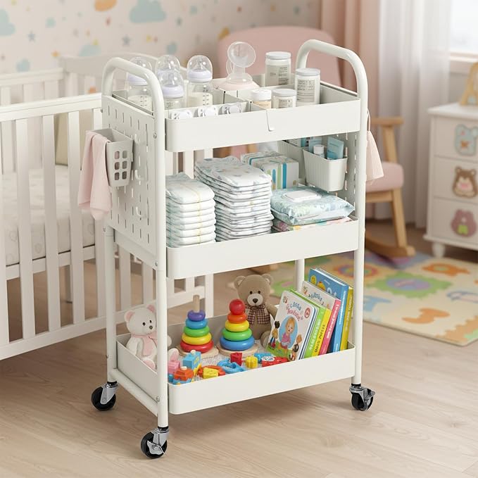 danpinera Craft Cart, Black Rolling Cart with Retractable Dividers & DIY Pegboards for Kitchen, Bedroom, Laundry