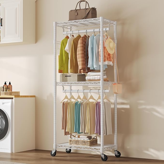 NEWBULIG Heavy Duty Clothing Rack with Wheels, 3-Tier Adjustable Wire Garment Rack, Metal Freestanding Closet Organizer System with Double Hanging Rods & 8 Side Hooks, 29" x 15" x 75", White