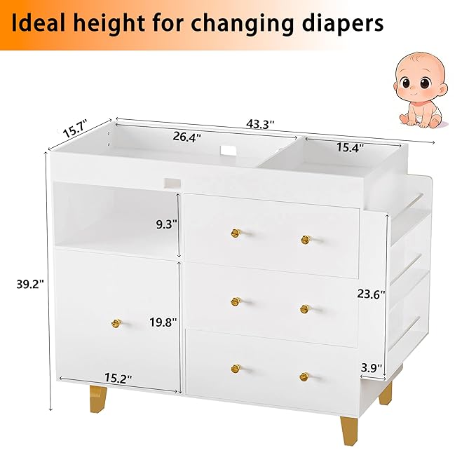 Wooden Baby Changing Table Dresser,Diaper Changing Table with Large Tabletop,4 Drawers, Open Storage Space & Side Shelves,Modern Storage Crib with Changing Table for Nurseries and Baby Rooms,White