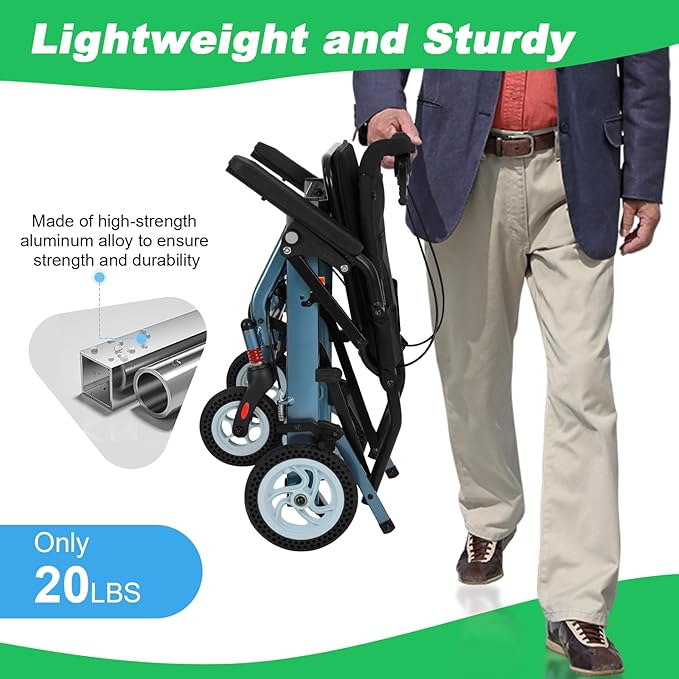 20 lbs Transport Wheelchair Lightweight Foldable, Portable Folding Transport Chair with 8" Honeycomb Tires, 16.2" Seat Small Wheelchair for Tight Spaces, Narrow Wheelchairs for Adults & Elderly(Blue)