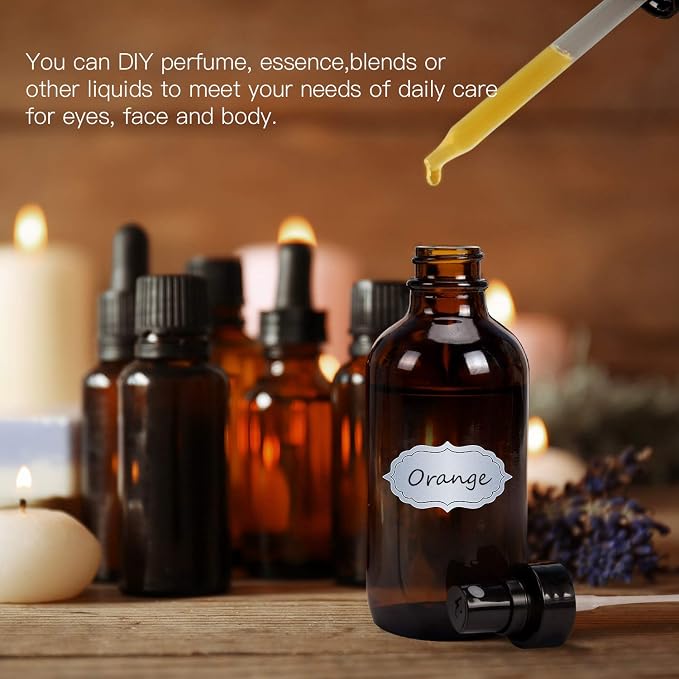 ULG Fine Mist Sprayers 4 oz Amber Boston Bound Glass Bottles 8 Pieces | Empty Spray Atomizer, Aromatherapy Cosmetic Sprays, Waterproof DIY Labels Included
