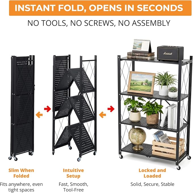 COKIHOM 4 Tier Foldable Storage Shelf, Large Capacity Metal Shelf Rack, Rolling Bookshelf with Wheels, Wire Shelf Organizer for Kitchen, Pantry, Office, Garage, Basement, Black