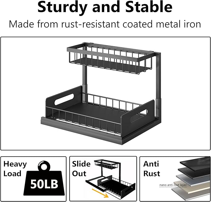 Ceetug Under Sink Organizers and Storage 2 Tier Slide Out Kitchen Cabinet Organizer Sturdy Metal Bathroom Storage (Black, 2 Pack)