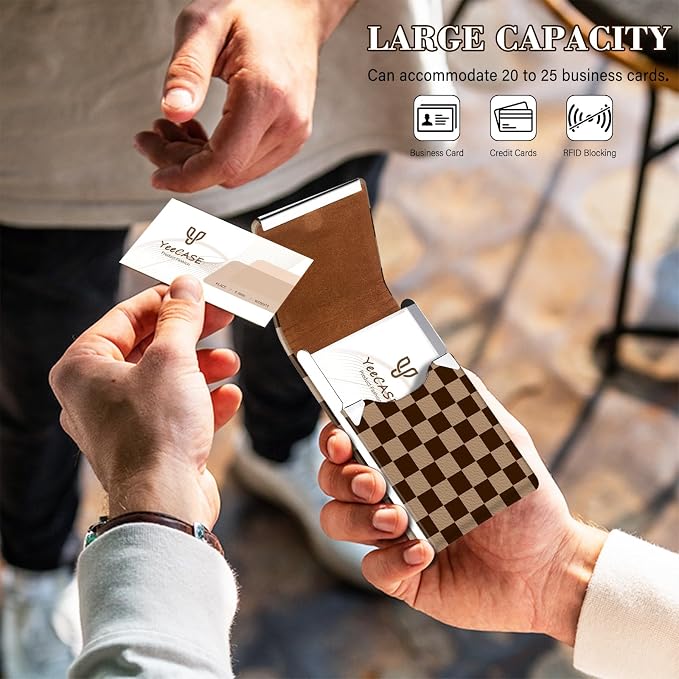 2Pack Leather Stainless Steel Business Card Holder, Metal Slim Business Card Case for Women or Men, Pocket Business Card Carrier with Prints, Magnetic Closure, RFID Blocking