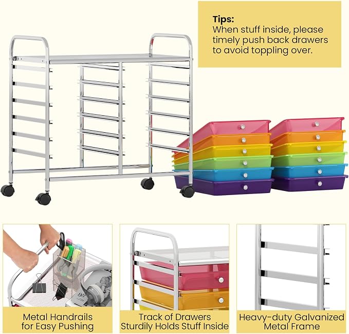 LDAILY 12 Drawer Rolling Storage Cart, Craft Cart Organizer on Wheels w/Metal Frame, Large Capacity & Smooth Drawer, Rolling Cart w/Drawers for Classroom, Office