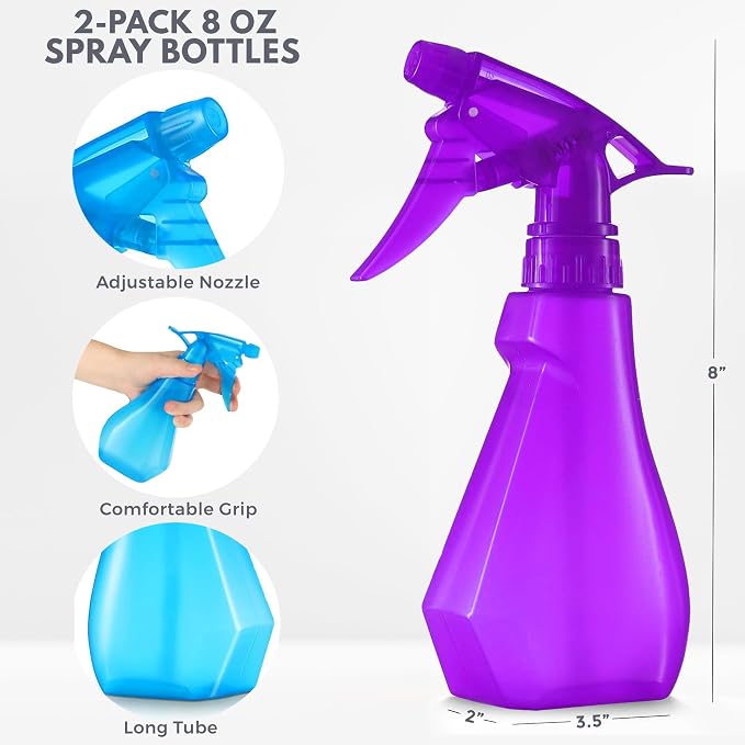 DilaBee 8oz 2-Pack Empty Spray Bottles for Cleaning Heavy Duty, Small Spray Bottle for Hair, Plant Mister, Squirt Bottle for Cats, Spritzer Bottles for BBQ - Blue & Purple Water Sprayer - BPA-Free