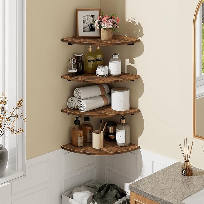 Homode Corner Wall Shelf, 12 Inch Wide Wooden Corner Floating Shelves with Cord Hole, Set of 4 Round Corner Hanging Storage Shelving for Bathroom Living Room Small Spaces, Rustic Brown