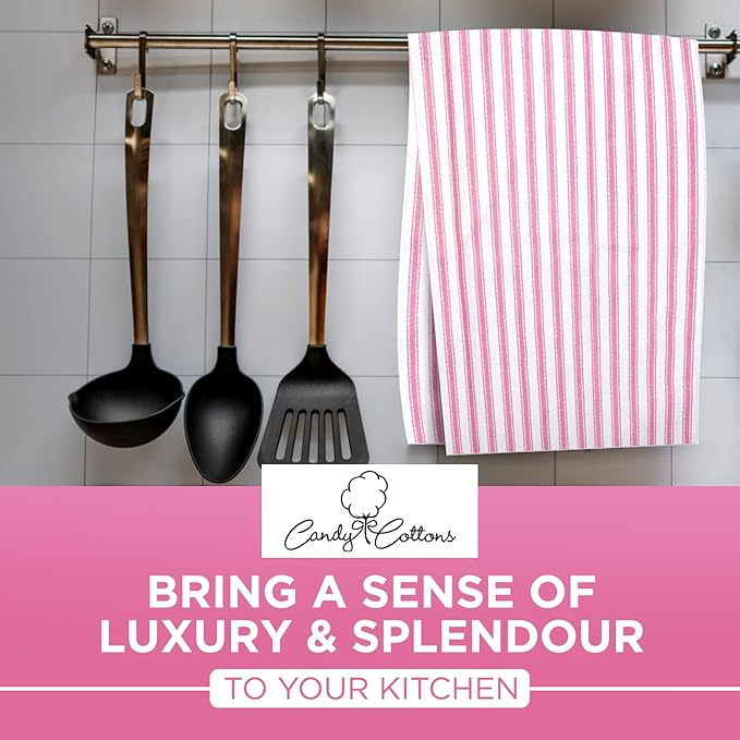 Stripe Kitchen Towels With Hanging Loop - Boho Absorbent Dish Towels Set of 3 - Festive Gift 18x28 Inch Reusable Pantry Decor - Trendy Spring French Pink