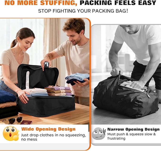 Vacuum Bags for Travel with Wired Pump, Travel Compression Bags for Clothes, 180° Open Zipper, Save 80% Space, IP68 Waterproof Travelpack Vacuum Kit for Luggage, Suitcase, Home Storage (2 Pack + Pump)