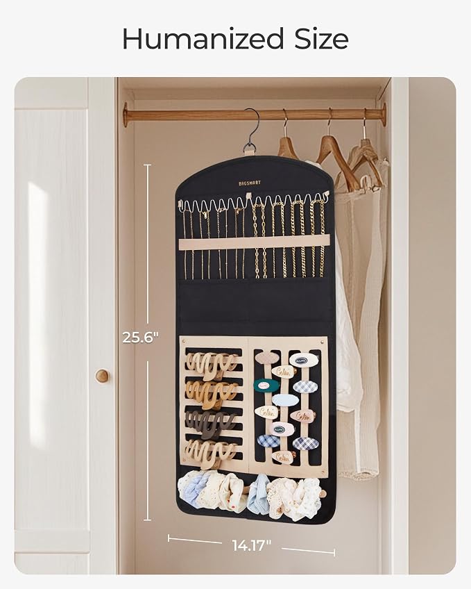BAGSMART Hanging Jewelry Organizer Claw Clip Necklace Holder Roll for Hair Ties, Headbands, Clips, Earrings, Necklaces, Glasses Double-Sided on Closet, Wall, Door, 1 piece, Large-Light Beige