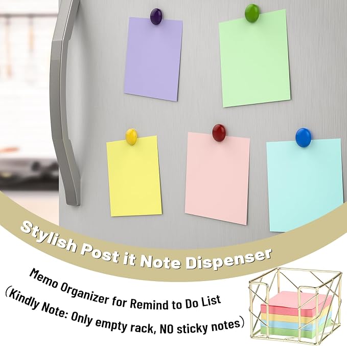 BTSKY Metal Sticky Note Holder, 3x3 Inch Post It Note Dispenser, Modern Memo Cube Holder Desk Organizer for Office & Home, Iron Sturdy Desktop Sticky Note Storage, Gold