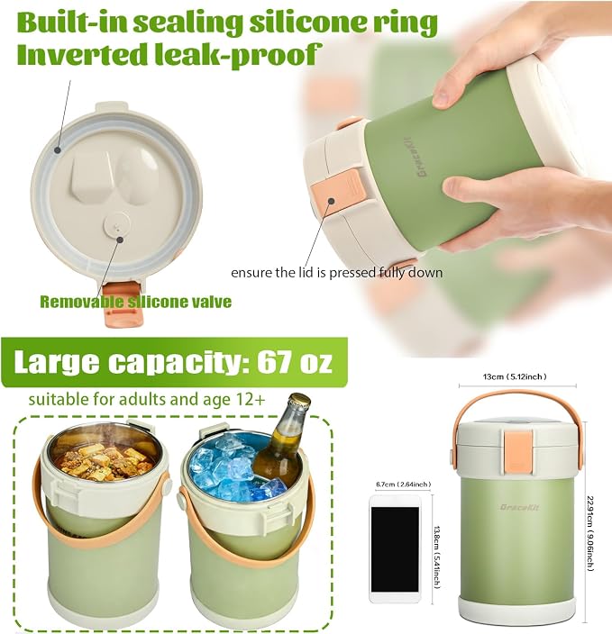 67 oz Audult Hot Food Thermo, Insulated Food Container,2L 3 Layer Insulated Lunch Box Kit Stainless Steel Vacuum Soup Food Thermo Stackable Hot Food Jar Bento Box for Men, Women-Green