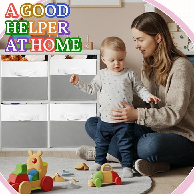 Yinder 6 Pcs Cube Storage Bin White Gray 10.5''x10.5''x11'' Storage Bins for Playroom Decor Colorful Bins for Kids Foldable Baskets for Nursery Organizer Boxes Fabric Boxes