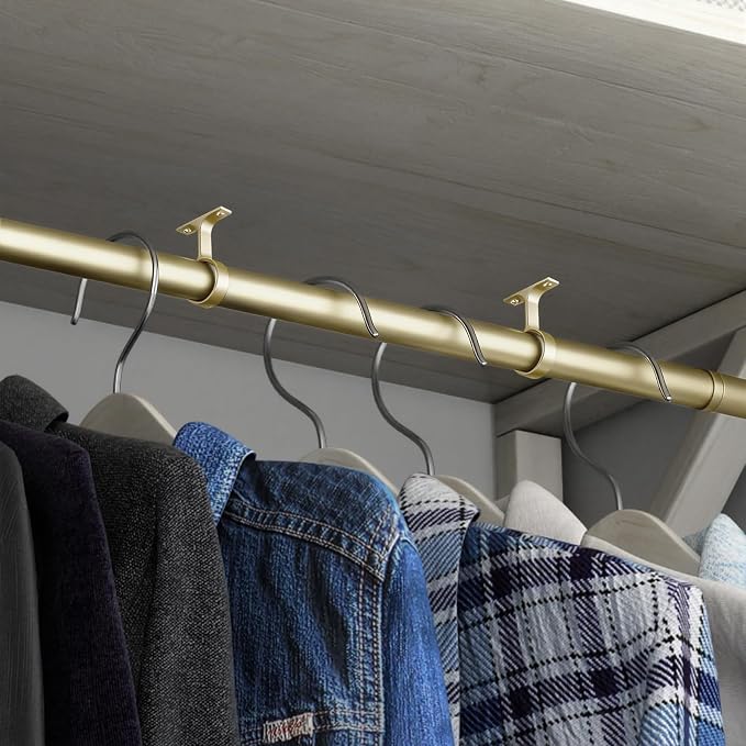 LEIFIDE 2 Pcs 1 5/16 Inch Diameter Round Wardrobe Closet Rod Suspended Center Support with Installation Screws Curtain Closet Rod Ceiling Mount Bracket for Home Wardrobe (Matte Brass)