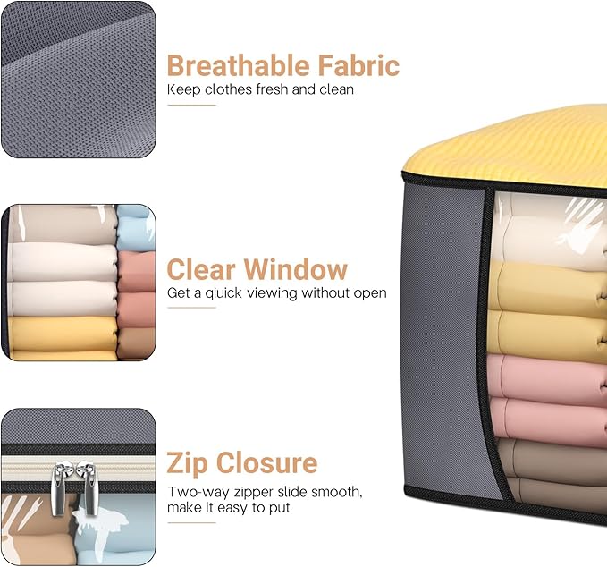 SLEEPING LAMB 65L Clothes Storage Bag, Breathable Blanket Storage Container and Foldable Comforter Organizer for Closet with Reinforced Handles for Sheets, Pillow, Toys, Grey