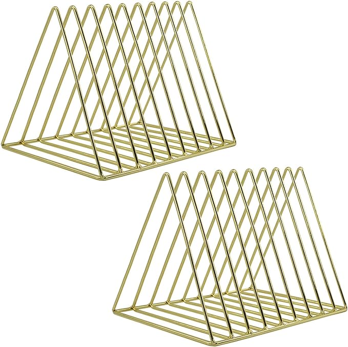 EASEPRES 9 Slot Magazine Rack Book Record Holder, Desktop Iron Storage Rack Bookshelf Multifunction Triangle File Organizer Sorter for Decor Home Office, Golden Pack of 2