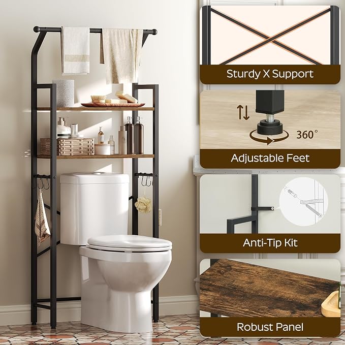 YATINEY 2-Tier Over The Toilet Storage, Multifunctional Vertical Over Toilet Bathroom Organizer, Freestanding Bathroom Storage Shelves with Hooks, Bathroom Organizer, Rustic Brown and Black TR01BR