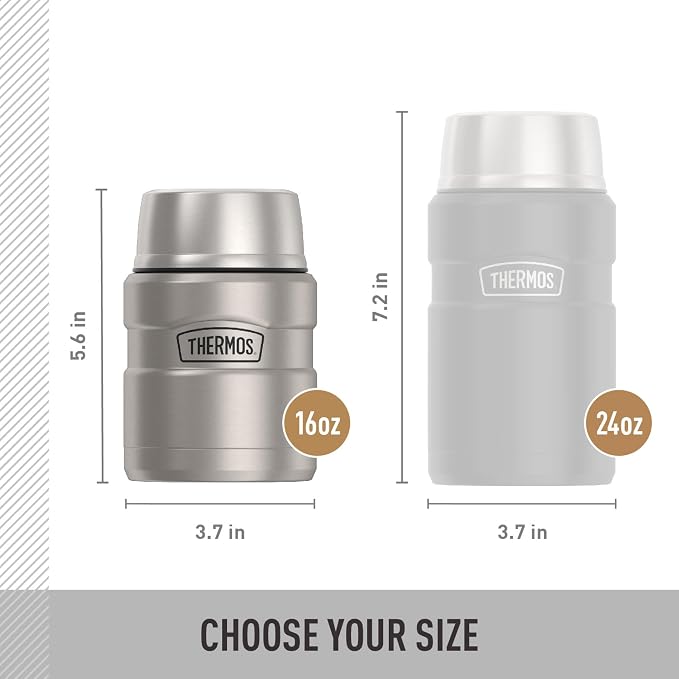THERMOS Stainless King Vacuum-Insulated Food Jar with Spoon, 16 Ounce, Matte Steel