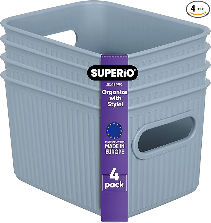 Superio Ribbed Collection - Decorative Plastic Basket Open Home Storage Bins Organizer, Small Blue (4 Pack) Container Boxes for Organizing Closet Storage Bins for Shelves Drawer Shelf 1.5 Liter