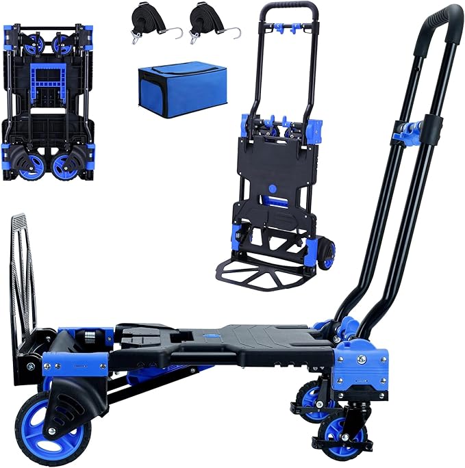 2-1 Folding Hand Truck Dolly,330LBS Capacity Dolly Cart,Foldable Dolly Hand Truck with Retractable Handle and 4 Rubber Wheels,Hand Cart Foldable for Luggage/Travel/Office/Moving