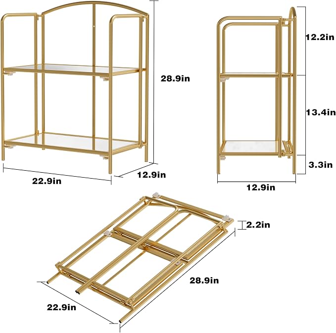 Crofy 2-Tier Foldable Bookshelf, Gold Frame & Transparent Shelves | No-Assembly Collapsible Portable Storage Organizer; Sturdy Transparent Shelves; Ideal for Living Room & Home Office