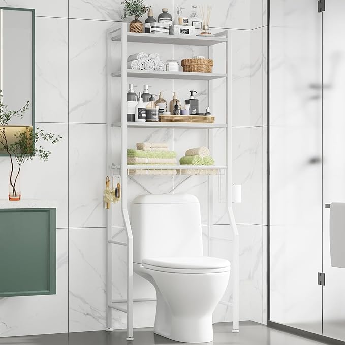 DUMOS Over-The-Toilet Storage Rack, 4-Tier Bathroom Organizer with Basket | Freestanding Above Toilet Storage Cabinet with Adjustable Shelf, Space Saver Bathroom Cabinet with 3 Hooks for Rooms, White