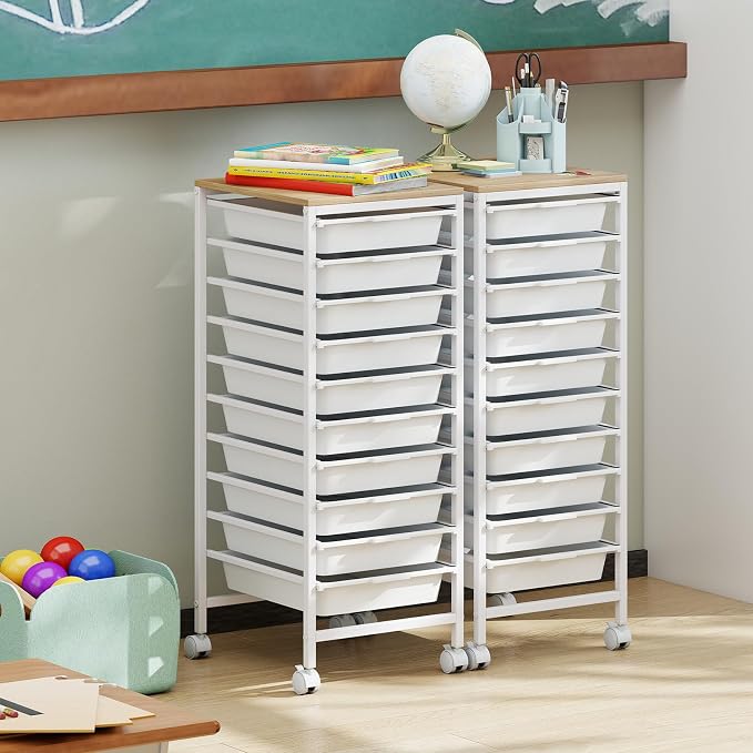 LDAILY Rolling Cart with Drawers, 10 Drawer Rolling Storage Cart with Wooden Tabletop, Metal Frame & Lockable Wheels, Craft Organizers and Storage for Home Office Classroom (White, 10-Drawer Small)