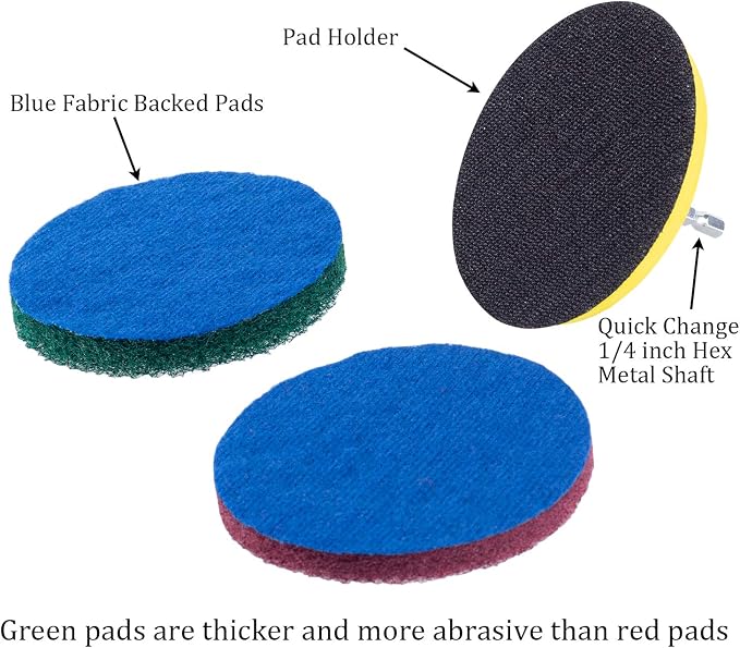 4 Inch Drill Powered Brush Tile Scrubber Scouring Pads Cleaning Kit | Pad Holder and Metal Shaft Included