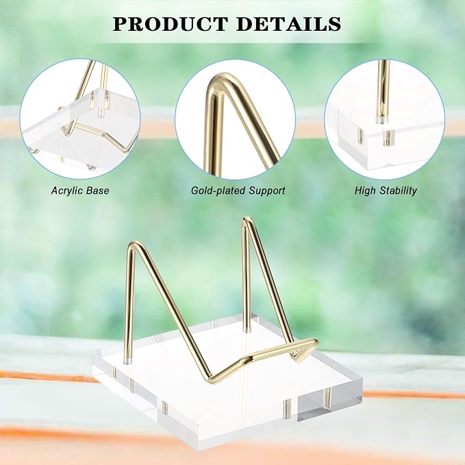 Hipiwe Metal Display Stand with Acrylic Base, Gold Business Card Holder Stand Rock Easel Stand for Fossil Coral, Mineral Rocks, Geodes, Agate Collectibles