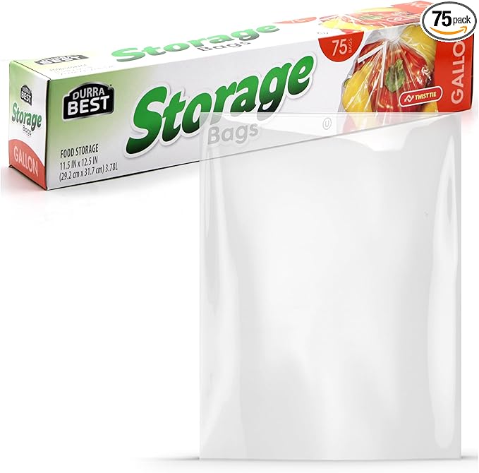 1 Gallon Food Storage Bags with Twist Ties, 75 Count Clear Plastic Baggies for Bread, Snacks, Fruits, Baked Goods – Durable, Leak-Resistant, Food Safe – by DURRA BEST