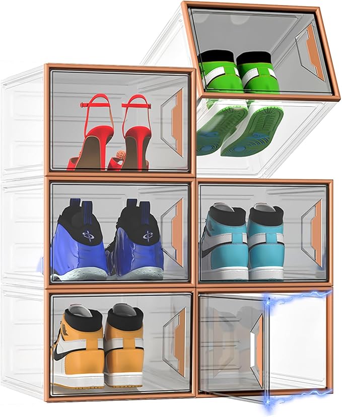6 Pack Plastic Shoe Storage Box Organizer Magnetic Stackable | Upgraded Thicken Material, Stackable Space-saving, Fits Sneakers & Boots, Sturdy Shoe Box, Magnetic Door, Easy Assembly