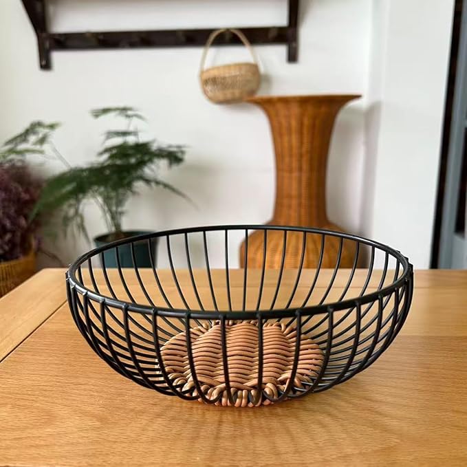 Set of 3 Stackable Metal Mesh Fruit Basket Bowl, Round Rust-Proof Breathable Wire Storage Organizer, Non-Slip Decorative Produce Holder for Kitchen Countertop, Store Fruits Veggies Snacks, Black