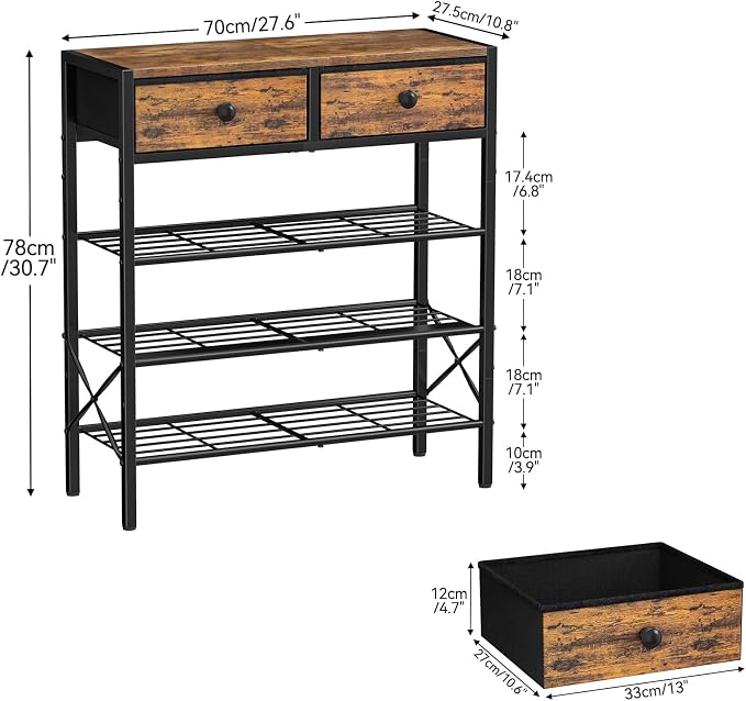 Shoe Rack for Entryway, 4 Tier Shoe Organizer with 2 Non-woven Drawers, Metal Storage Shoe Shelf for 12-16 Pairs of Shoes, with Wooden Top and Steel Frame, Shoe Stand for Closet Rustic Brown