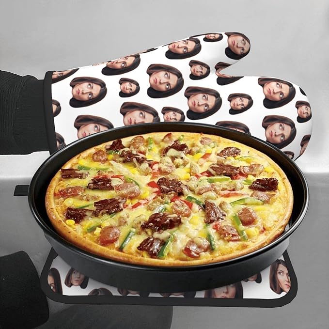 Custom Oven Mitts and Pot Holders Personalized with Your Face, Baking Gifts for Women for Kitchen Cooking, BBQ, Grillin-Style2, 1 Oven Mitts+ 1 Pot Holders