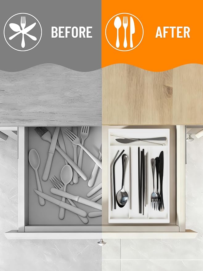 Silverware Drawer Organizer Tray (Cream) | Adjustable Small Utensil Holder for Spoon and Fork, Expandable Flatware Cutlery Tray for Kitchen Drawers