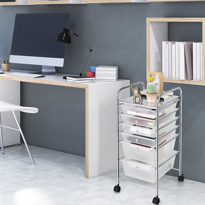 GOFLAME 6-Drawer Rolling Storage Cart, Multifunctional Art Craft Organizer Cart, Mobile Utility Storage Cart with Removable Drawers & Lockable Wheels, Craft Cart for Home Office, School, Clear