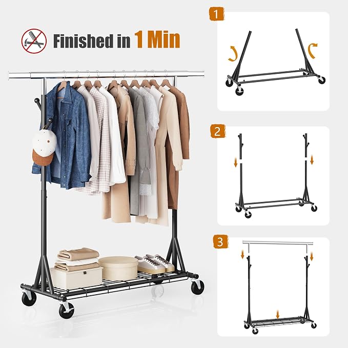Gewudraw Clothes Rack Heavy Duty 530 LBS Capacity, Portable, Foldable,Black | Rolling Clothing Rack With 4" Wheels, Shelf, Hooks, Adjustable, Collapsible, Garment Rack for Wardrobe,Bedroom, Laundry Room