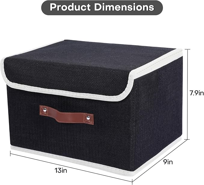 ANMINY 2PCS Storage Bin with Lid Storage Boxes with PU Leather Handles PP Plastic Board Decorative Foldable Lidded Cotton Linen Fabric Home Cubes Baskets Closet Organizer Container - Black, Medium