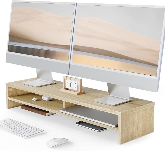 Fenge 31.5 Inch Dual Monitor Stand Riser for Desk, Oak | Wooden Desk Shelf, 2-Tier Open Storage Compartment, for PC Laptop Screen Printer, Home Office Desktop Organizer